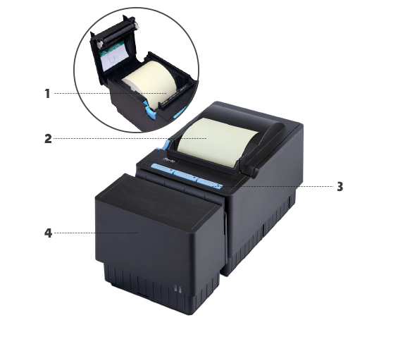 <p>1. Sistema de troca rápida e fácil de bobina (easy load)<br />
2. Impressora térmica com sistema automático de corte de papel<br />
3. Teclas de funções<br />
4. Módulo Autenticador de Documentos com tecnologia jato de tinta na cor preta. Possui autonomia de 6,2 milhões de caracteres e velocidade de até 3 lps.</p>

